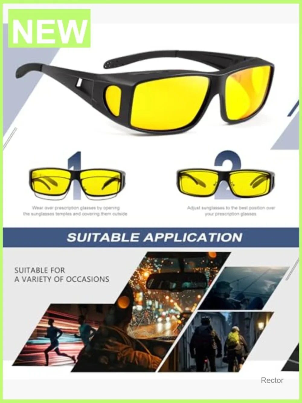 Night Vision Glasses Fit Over Wrap Around Anti Glare HD Lens 3 Pack